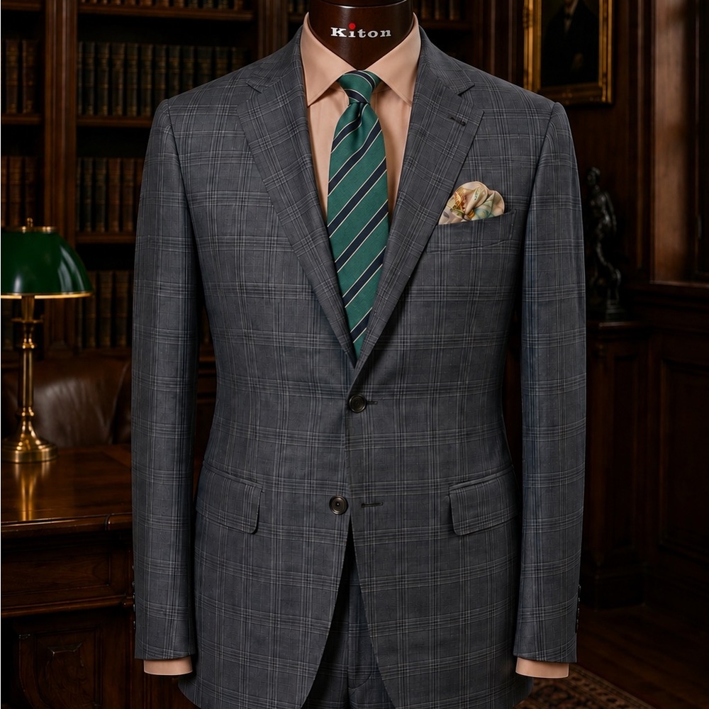 Kiton 100% Cashmere Steel Gray Glen Plaid Suit + ISAIA 7-Fold Tie
